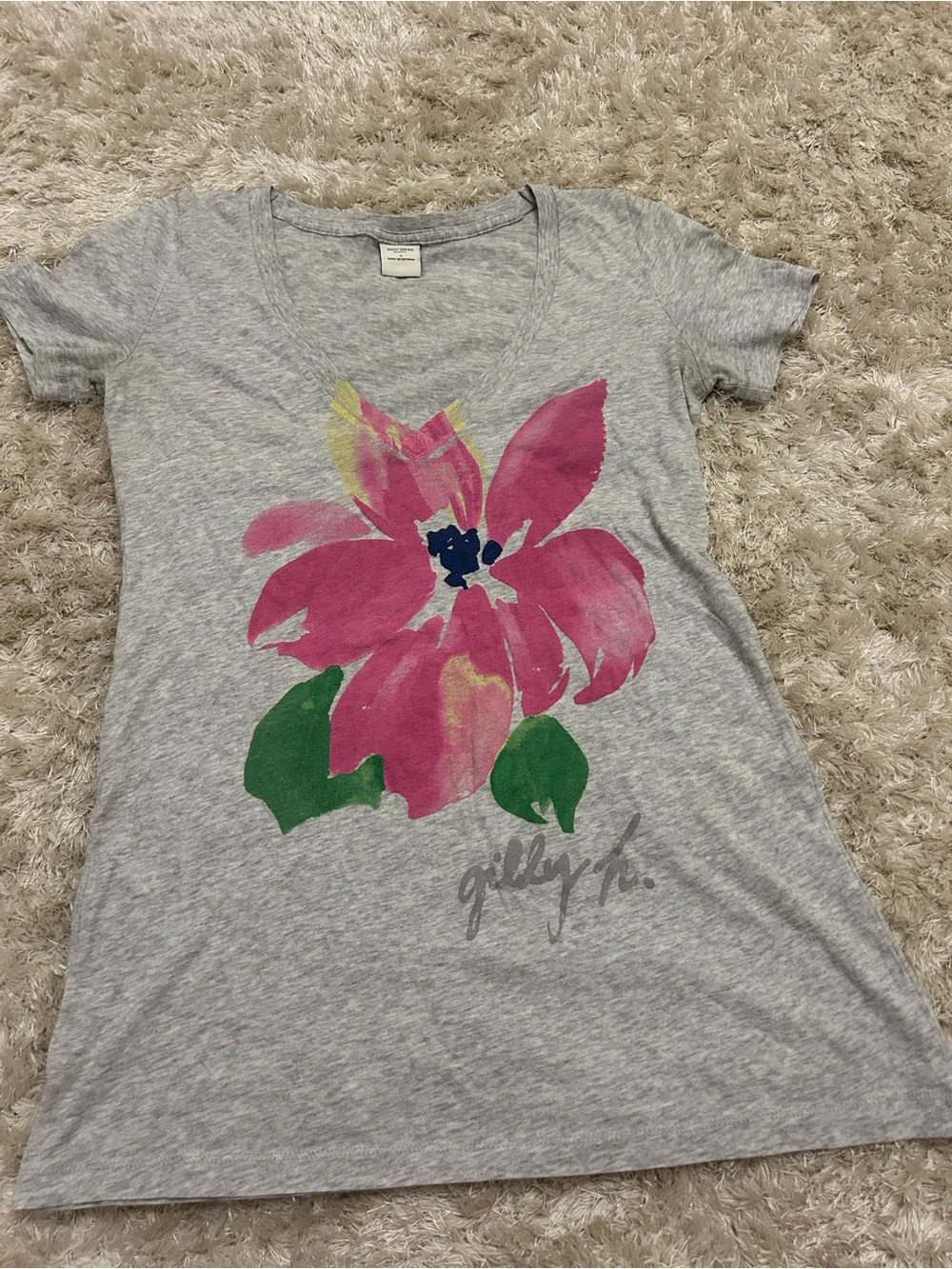 Gilly Hicks Gray Short Sleeve Tee with Pink Floral Graphic